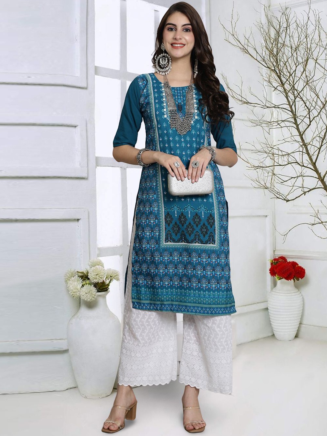 

7Threads Ethnic Motifs Printed Round Neck Crepe Straight Kurta, Teal