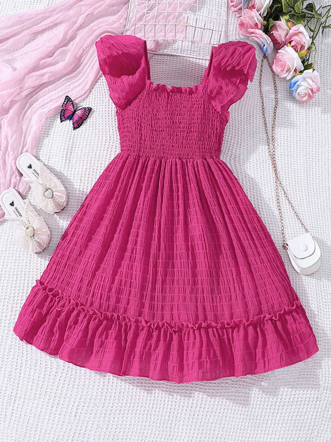 

INCLUD Girls Solid Smocked Square Neck Flared Sleeves Fit & Flare Dress, Fuchsia