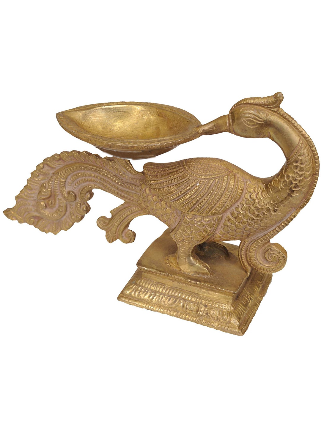 

Exotic India 7" Peacock Puja Diya in Brass, Gold