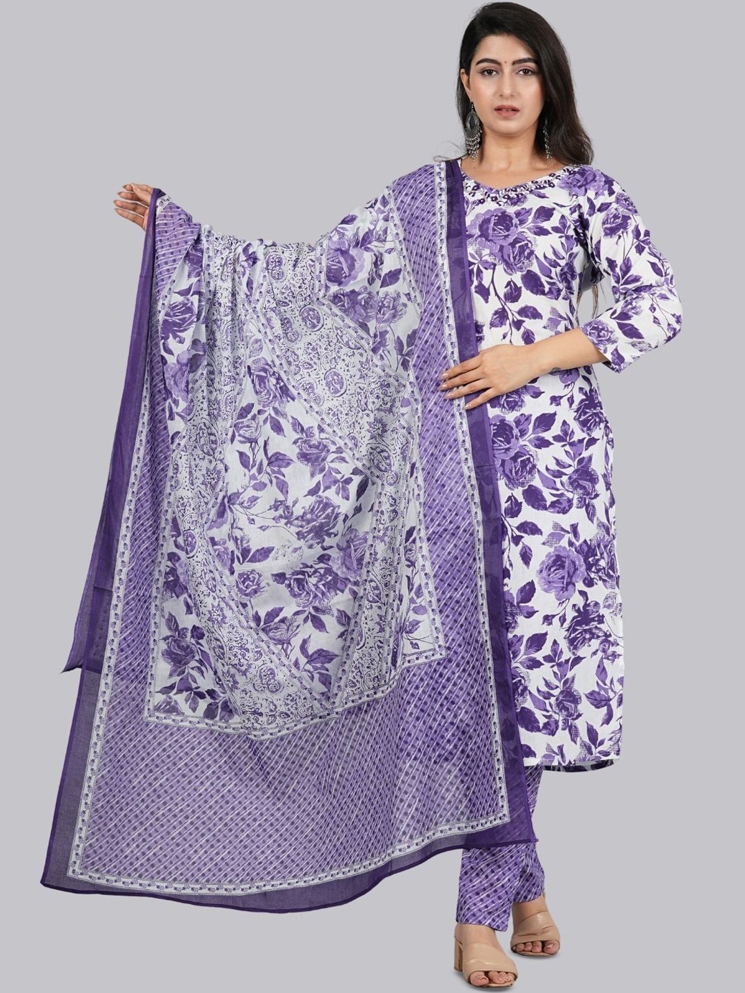 

P3D CREATION Floral Printed Pure Cotton Straight Kurta & Trousers With Dupatta, Purple