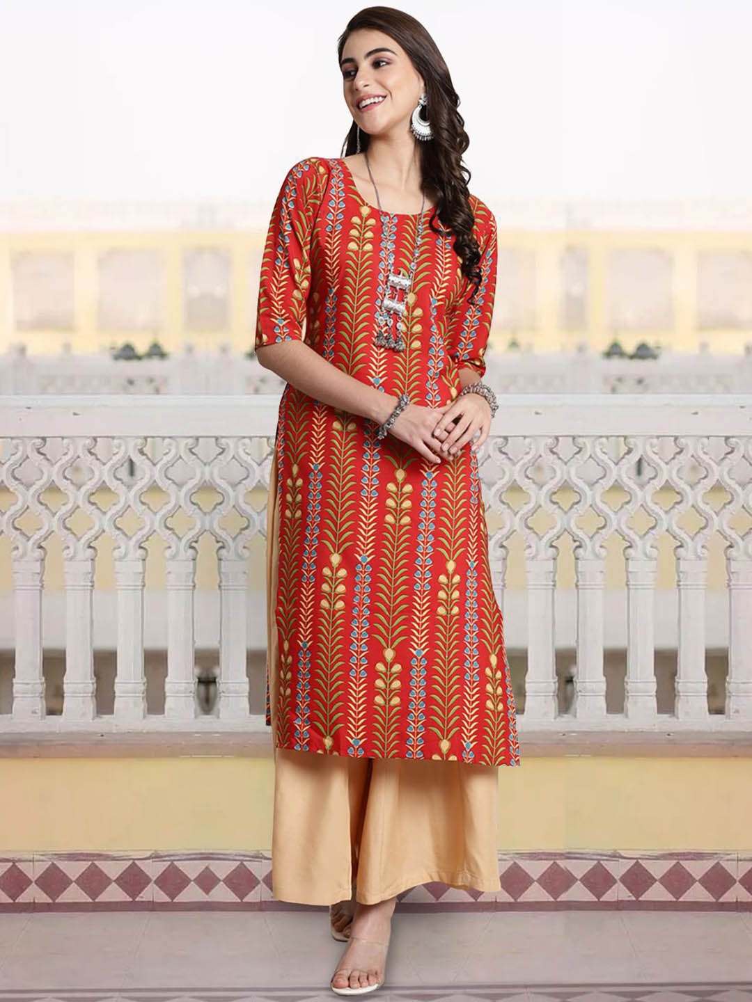 

7Threads Floral Printed Round Neck Straight Kurta, Red