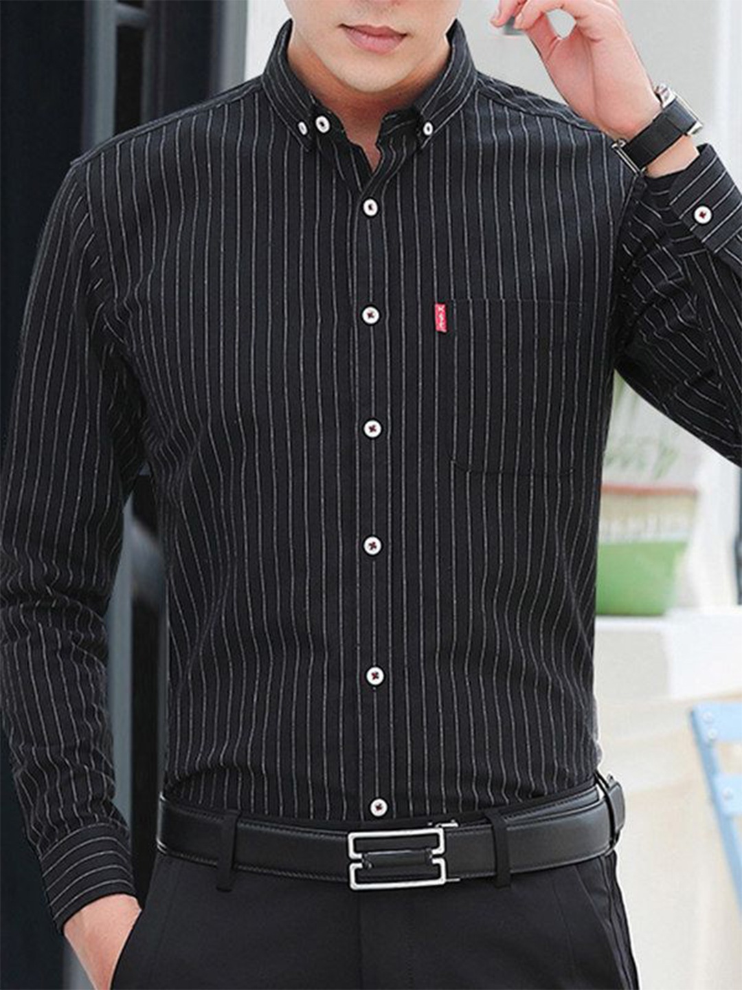 

StyleCast Men Slim Fit Opaque Striped Formal Shirt, Black