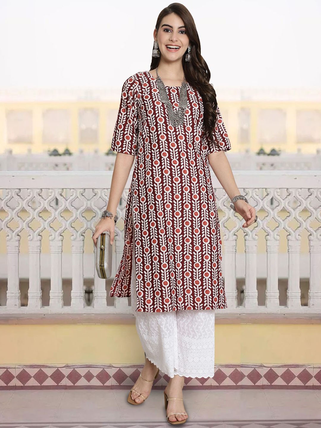 

7Threads Ethnic Motifs Printed Round Neck Crepe Straight Kurta, Maroon