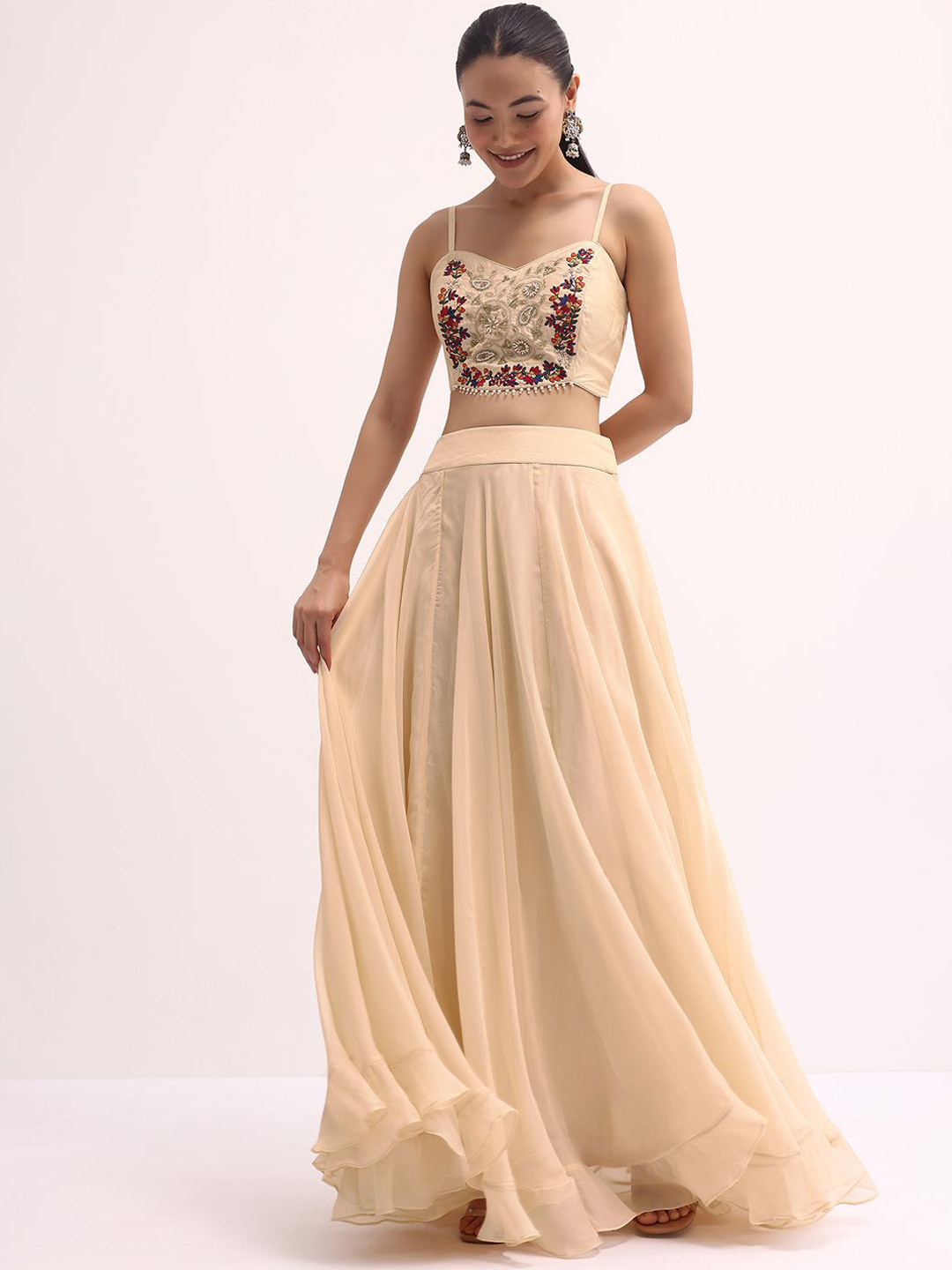 

KALKI Fashion Embroidered Crop Top With Skirt With Shrug, Beige