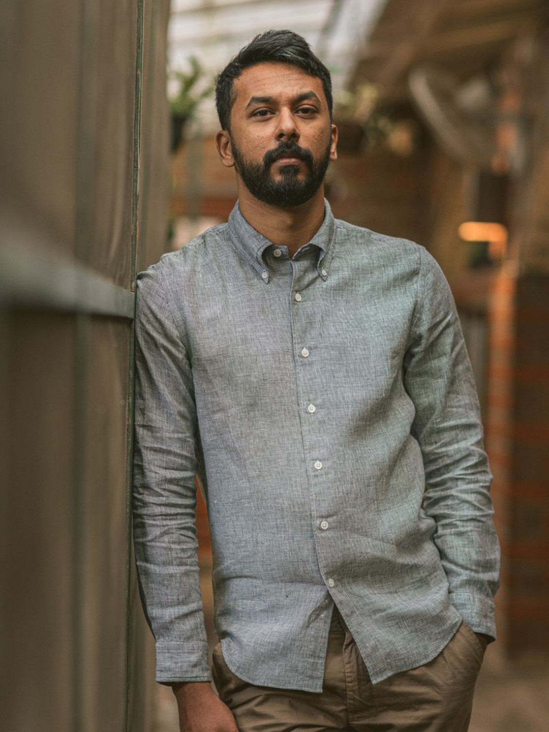 

Monks of Method Men Relaxed Button-Down Collar Solid Linen Relaxed Fit Casual Shirt, Grey