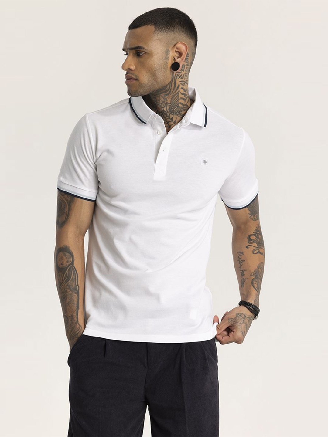 

Snitch Men Solid Polo Collar Cotton Slim Fit T-Shirt, White
