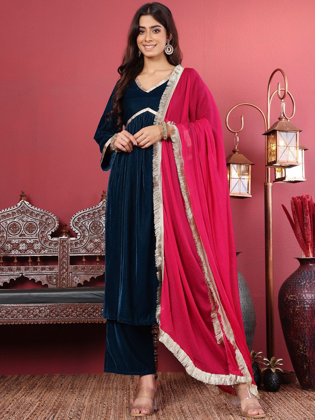 

Varanga Navy Blue Flared Sleeves Lace Velvet Empire Kurta with Trousers & Dupatta