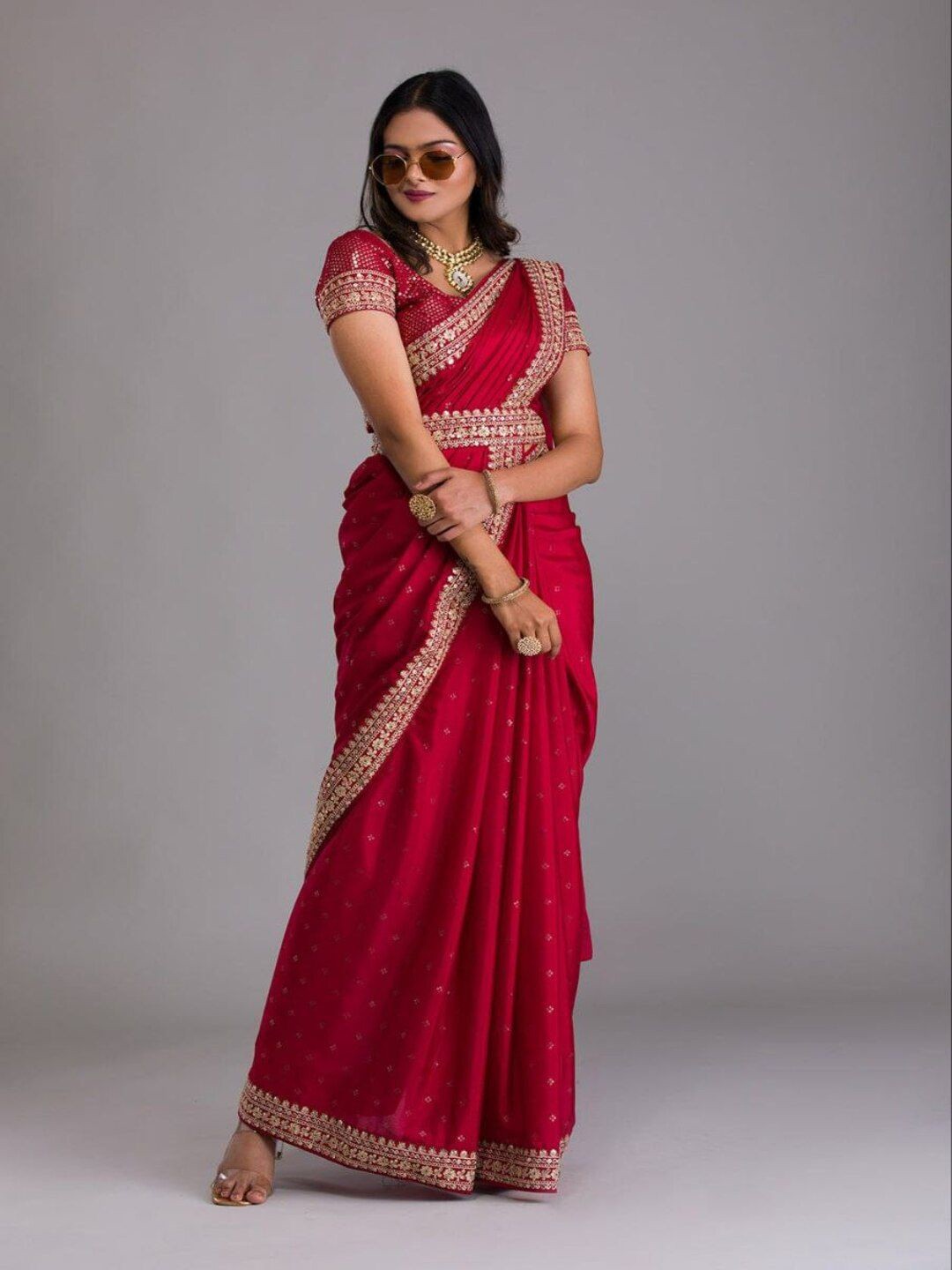 

SANJANA SILK Sequinned Pure Georgette Saree, Red