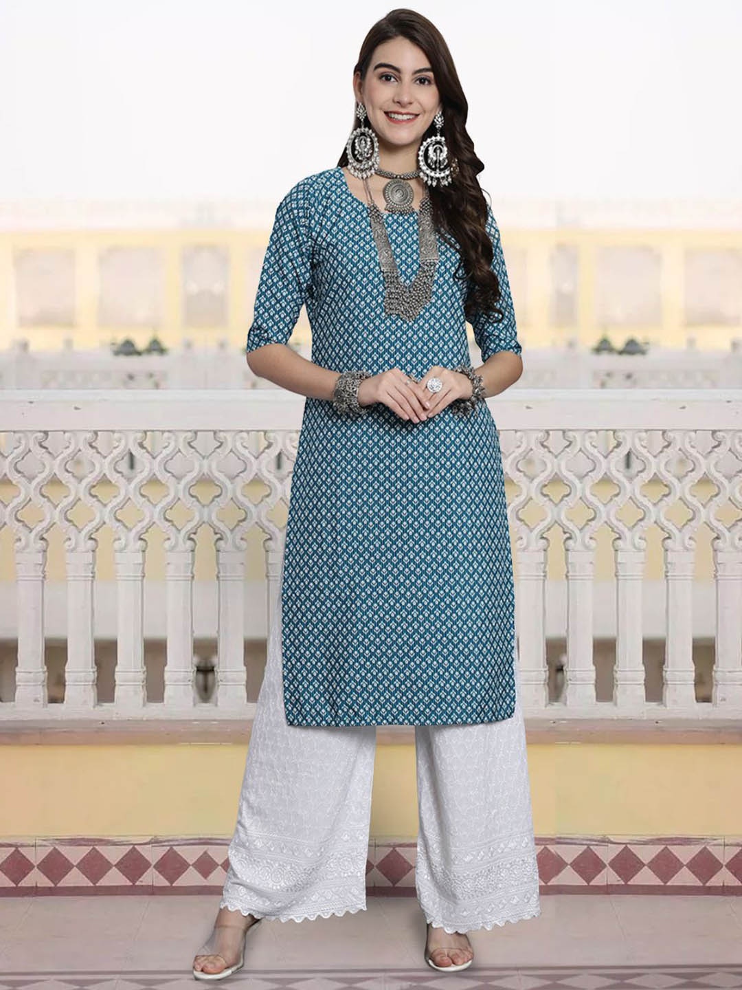 

KALINI Ethnic Motifs Printed Straight Kurta, Teal