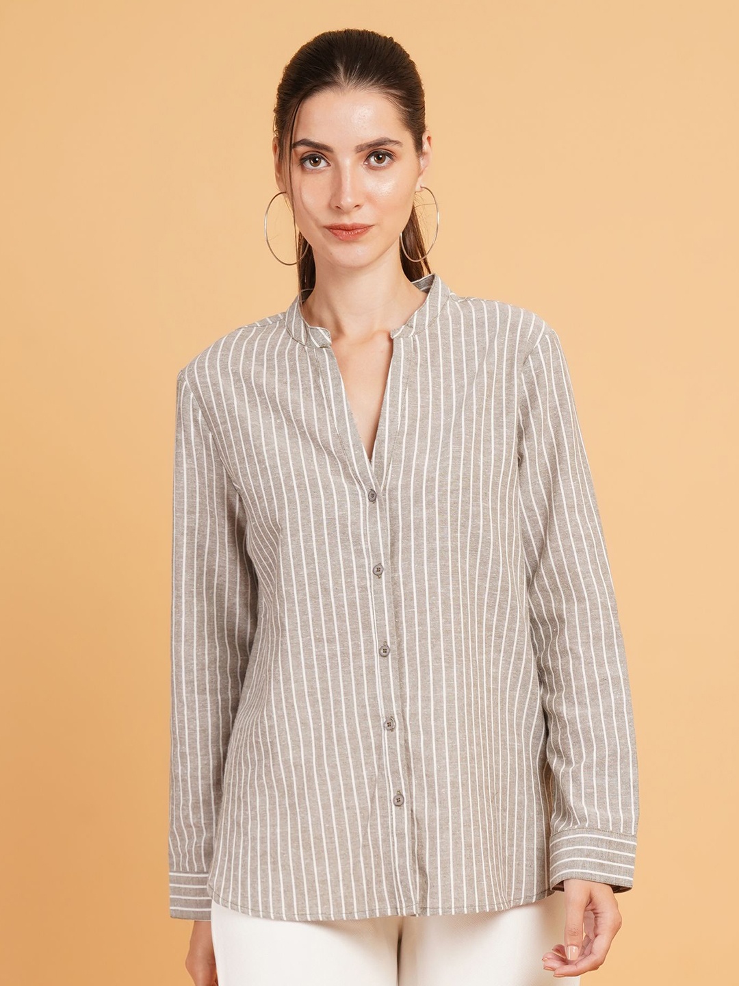 

IX IMPRESSION Women Relaxed Mandarin Collar Striped Cotton Oversized Semiformal Shirt, Grey