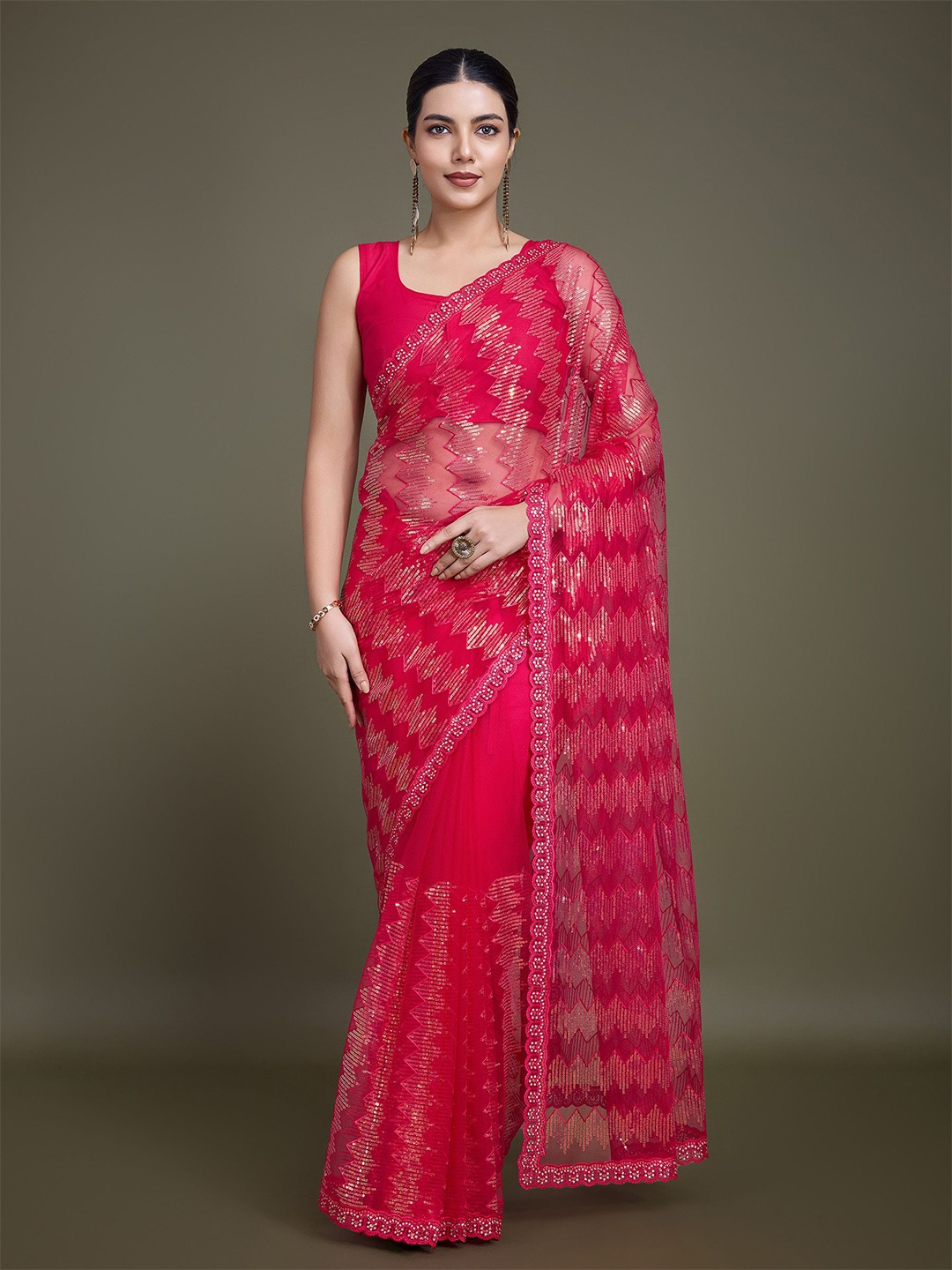 

MONJOLIKA FASHION Embellished Sequinned Net Saree, Pink