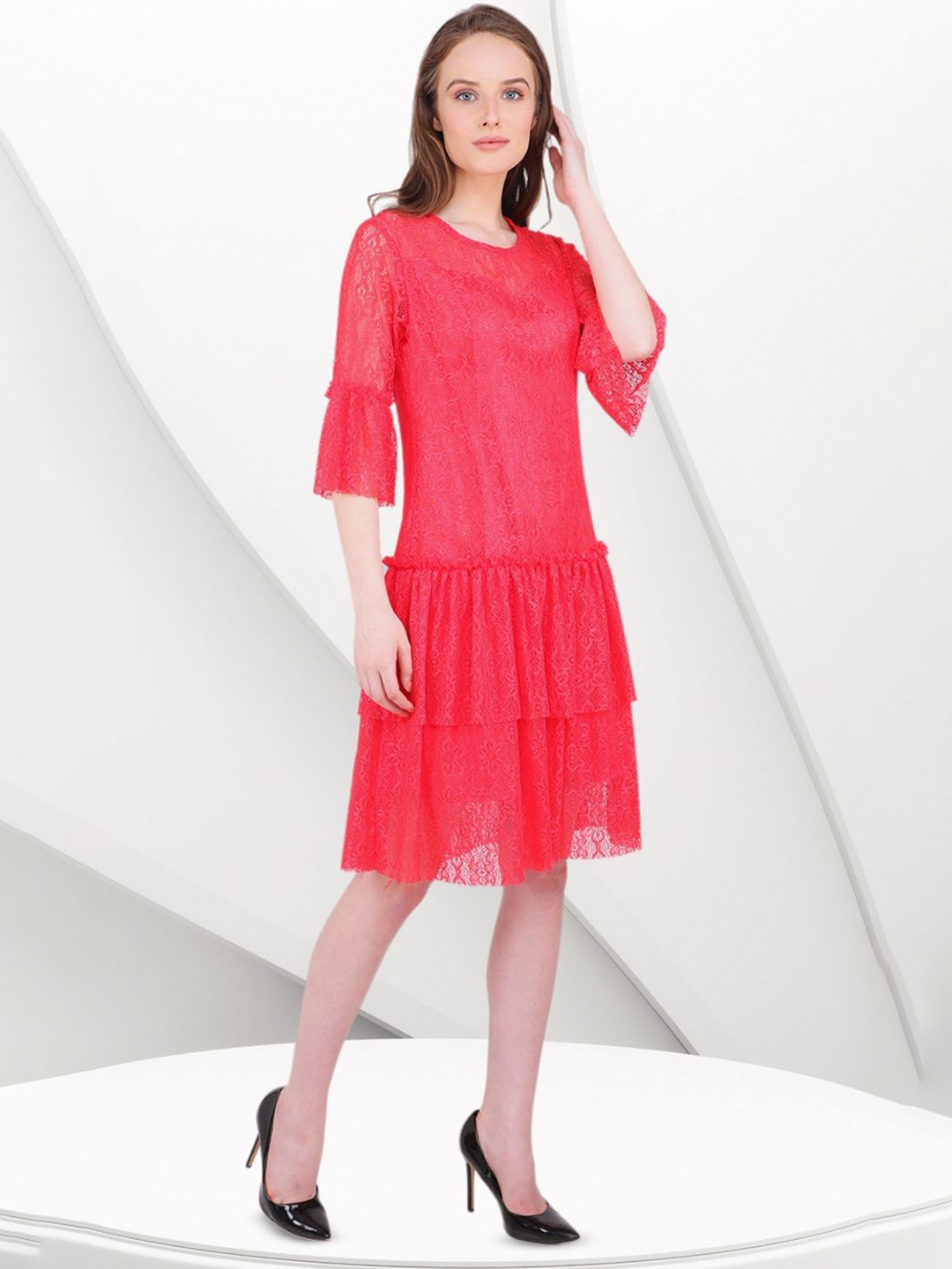 

MARC LOUIS Round Neck Bell Sleeve A-Line Dress, Pink