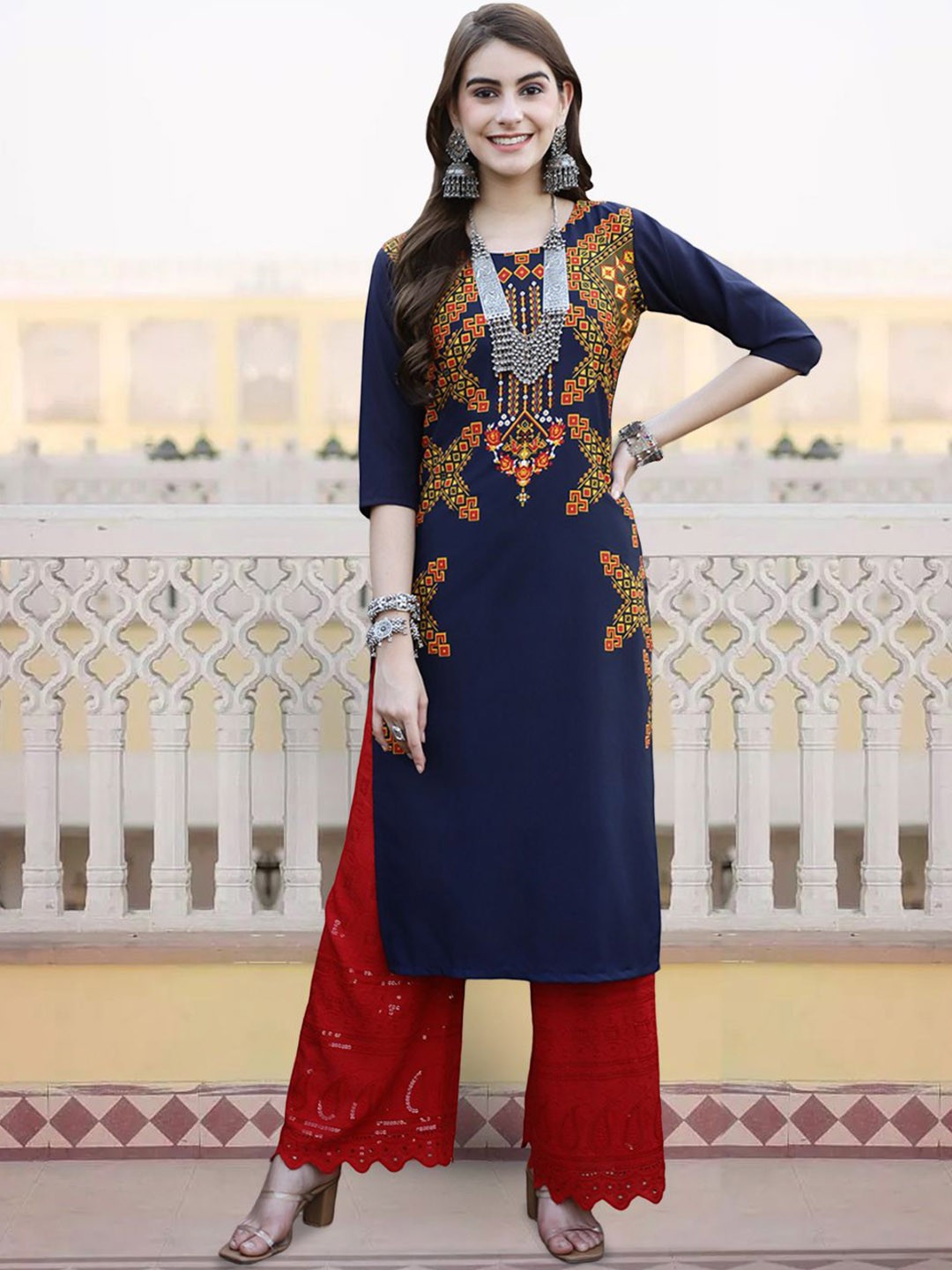 

7Threads Floral Printed Crepe Straight Kurta, Blue