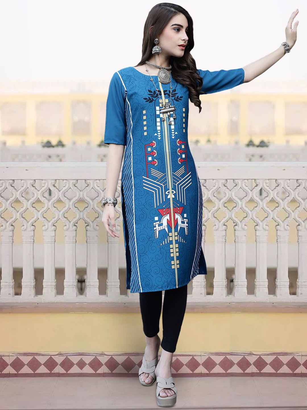 

7Threads Abstract Printed Straight Kurta, Blue