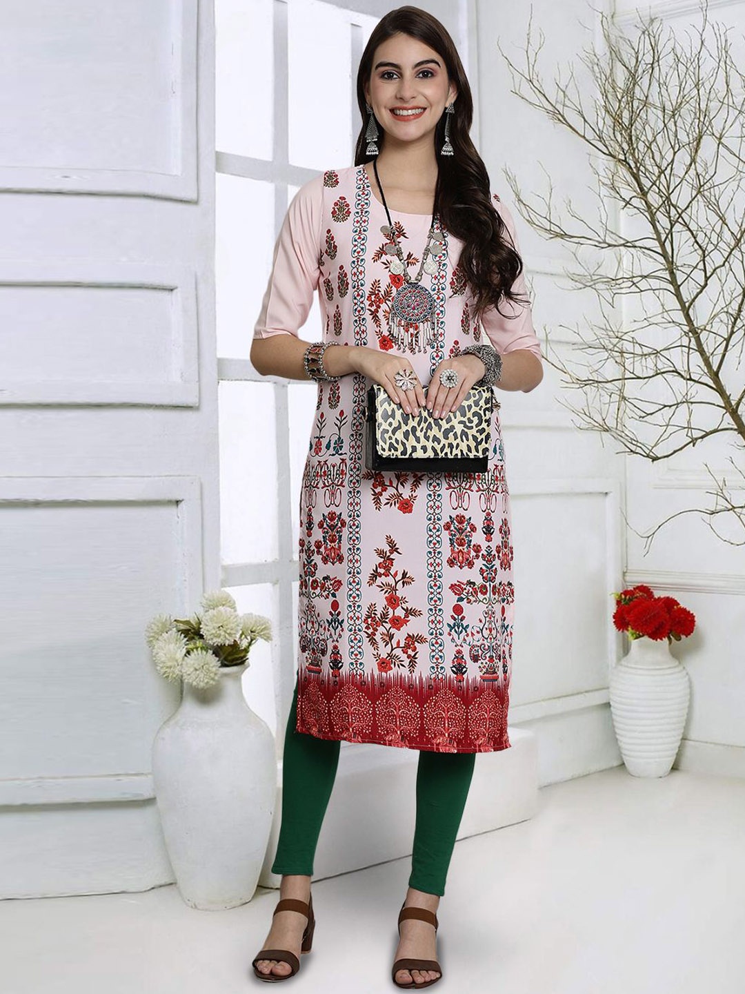 

7Threads Floral Printed Straight Kurta, Pink