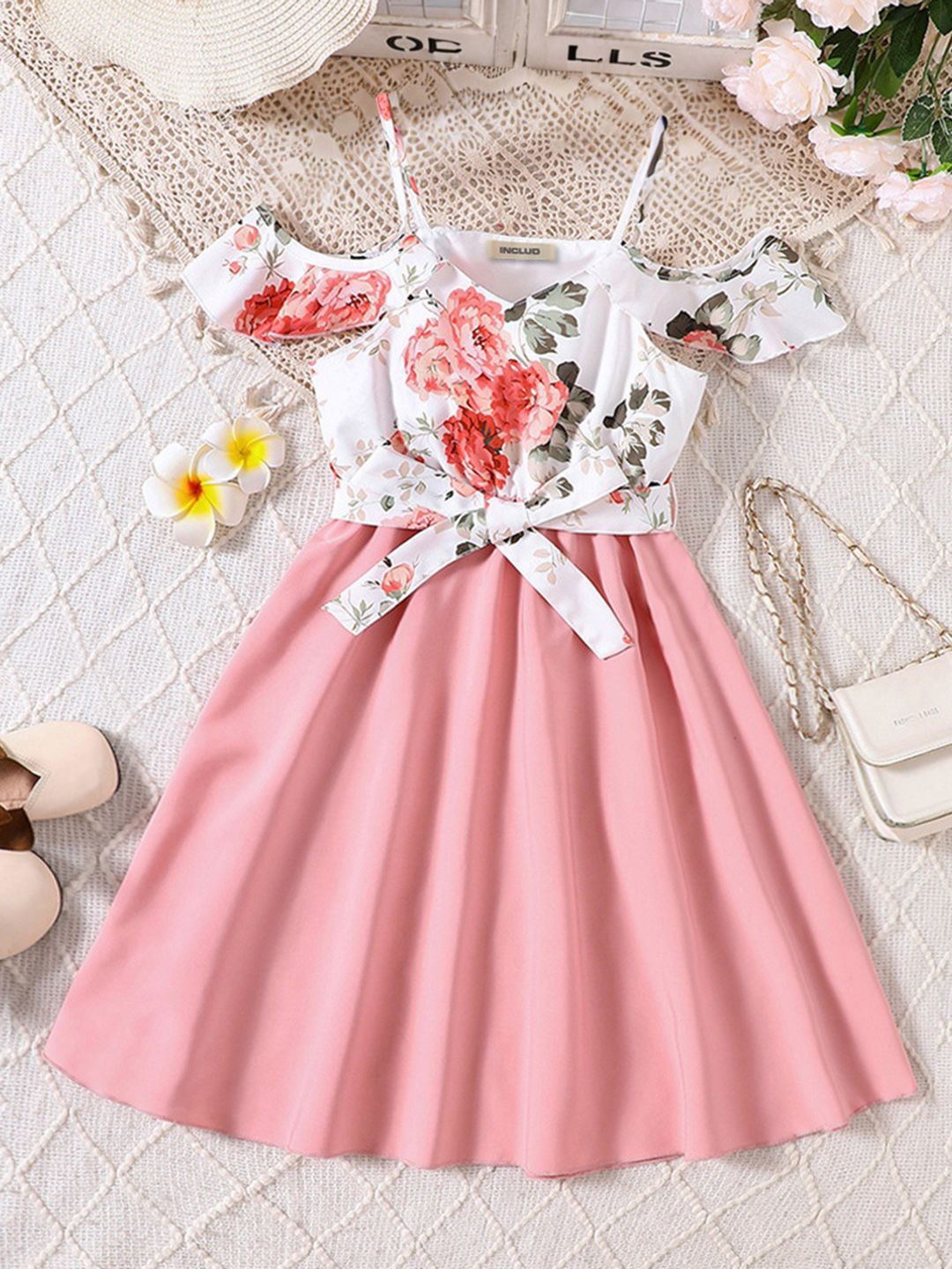 

INCLUD Girls Floral Printed Fit & Flare Dress, Pink