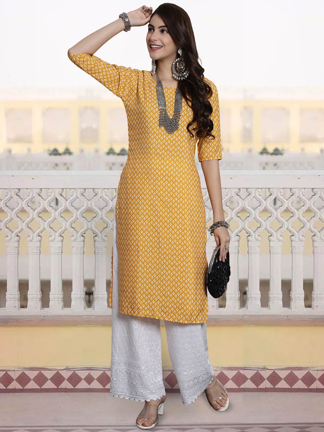 

7Threads Floral Printed Round Neck Straight Kurta, White