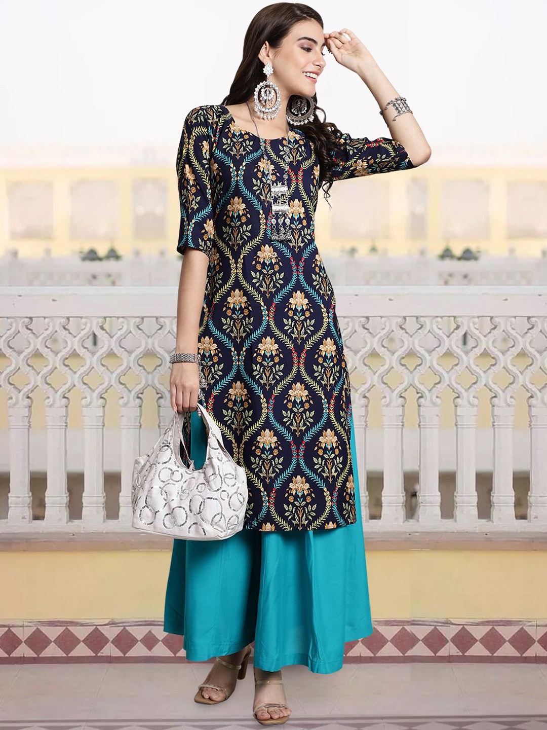 

7Threads Ethnic Motifs Printed Round Neck Crepe Straight Kurta, Navy blue