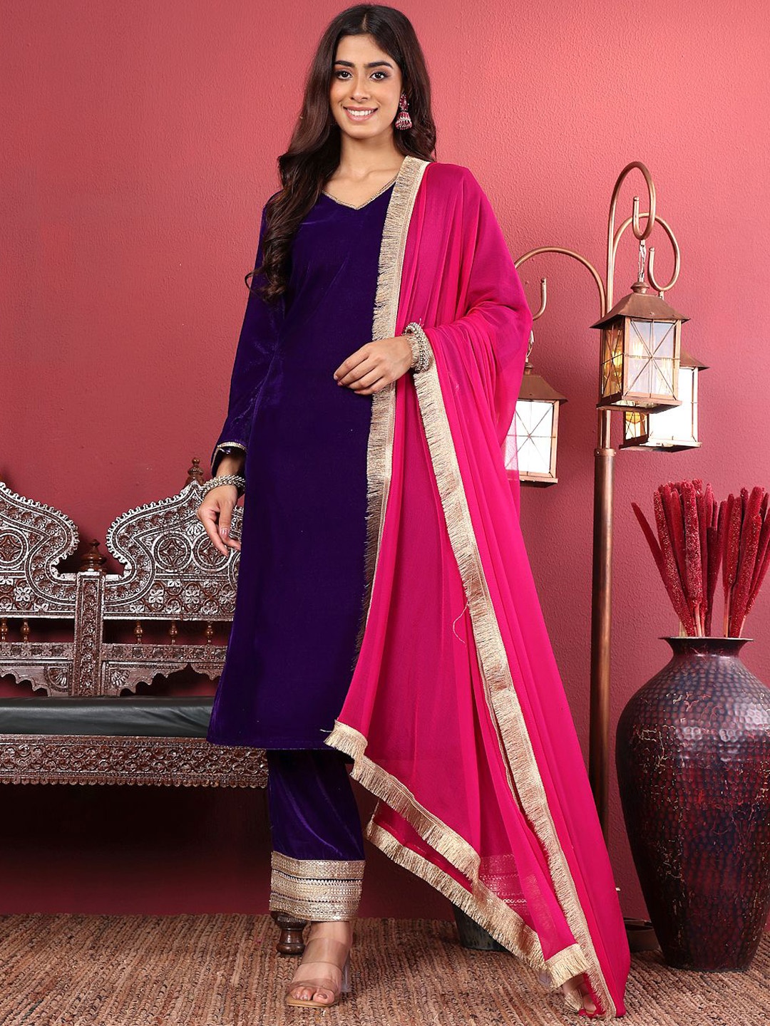 

Varanga Sequinned Velvet Straight Kurta with Trousers & Dupatta, Purple