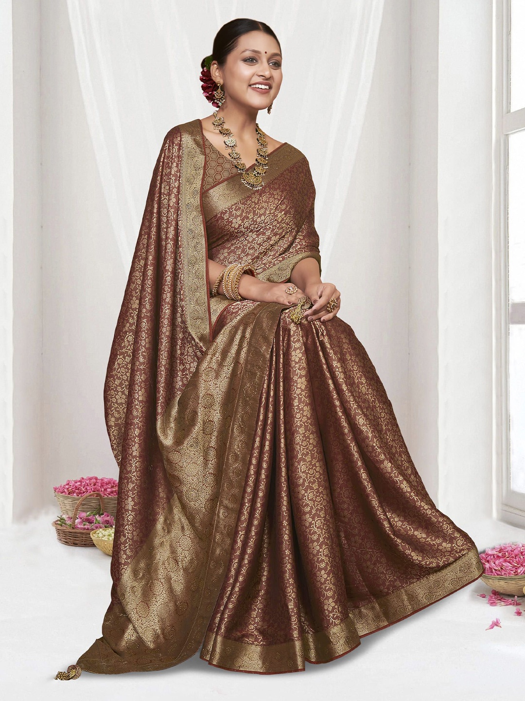 

NIRMAL CREATION Woven Design Zari Banarasi saree, Brown