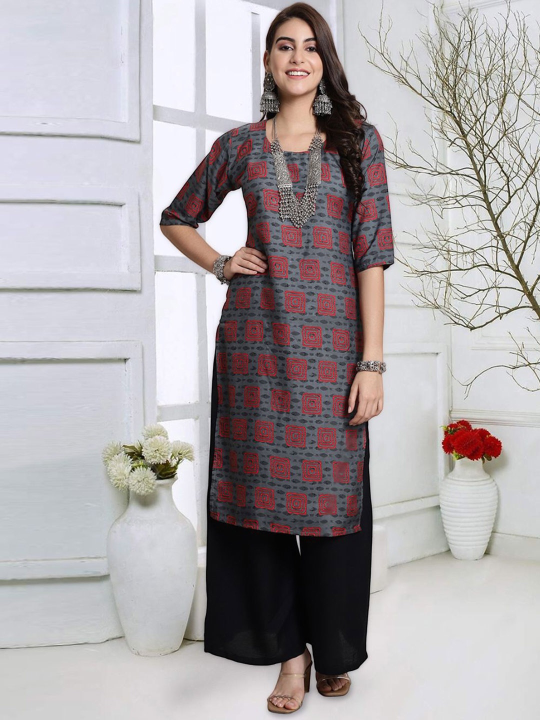 

KALINI Women Geometric Embroidered Mirror Work Floral Crepe Kurta, Multi