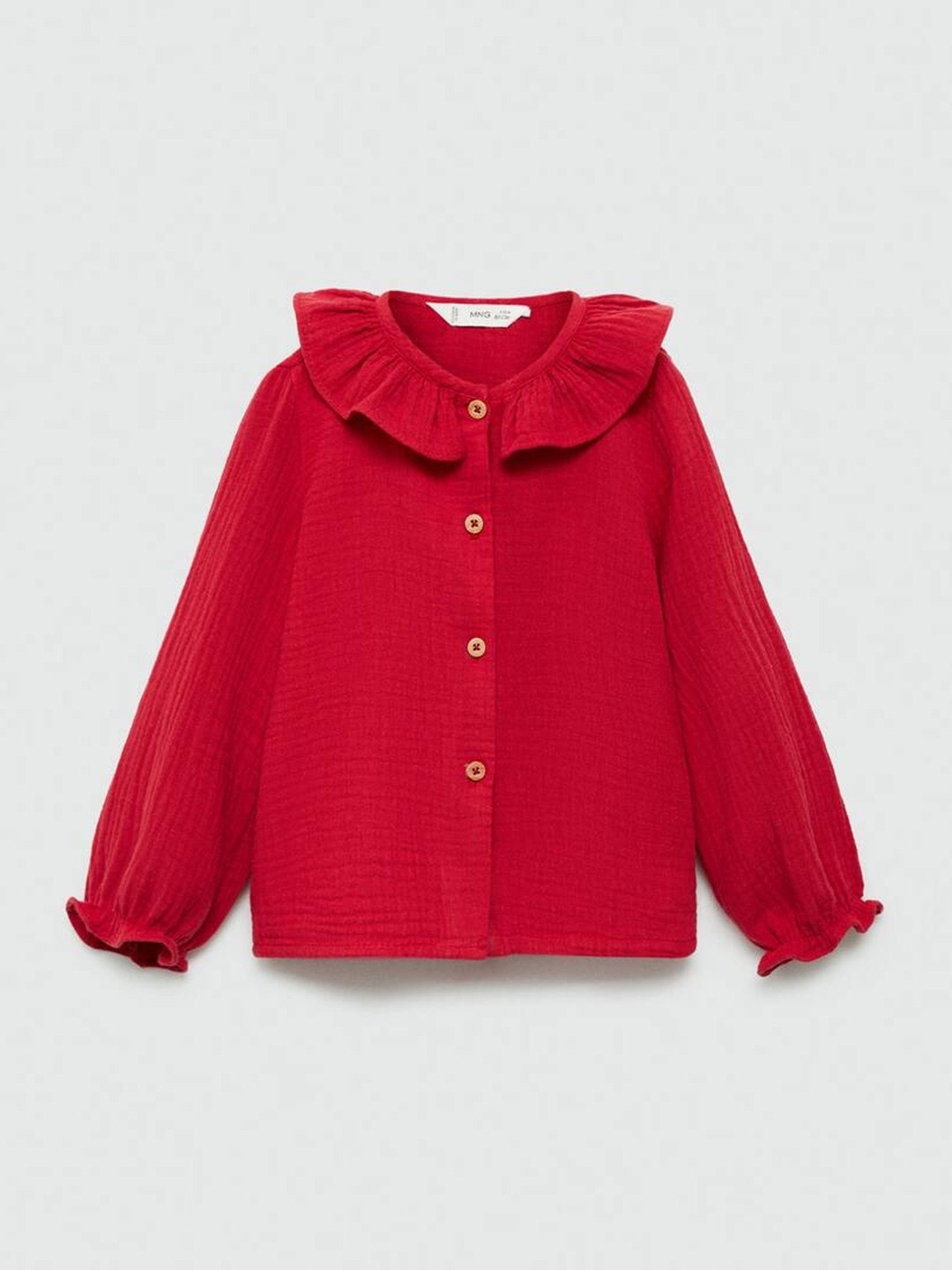 

Mango Kids Girls Cotton Puff Sleeve Ruffle Detail Shirt Style Top, Red