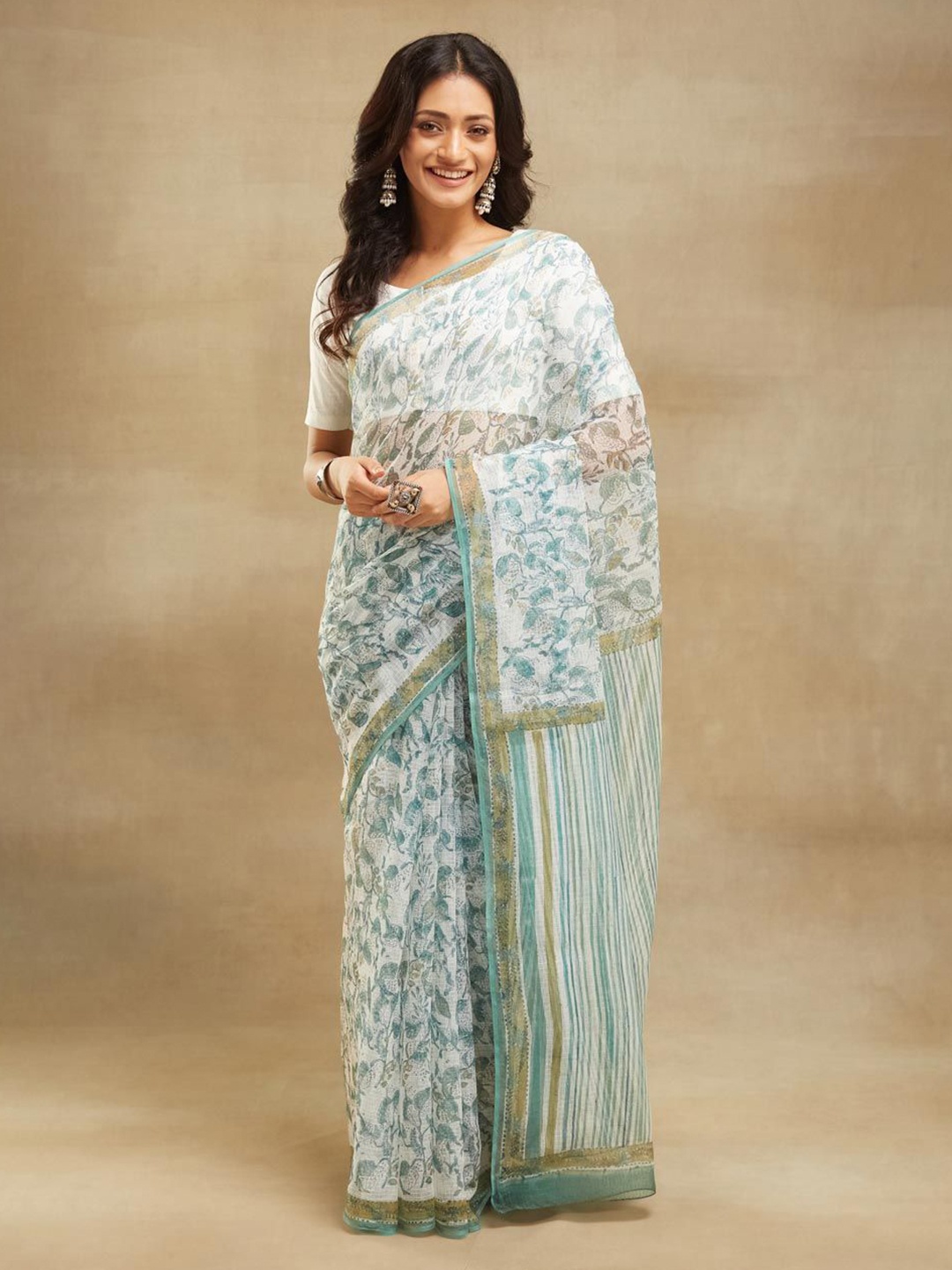 

Fabindia Ethnic Motifs Zari Block Print Saree, Blue