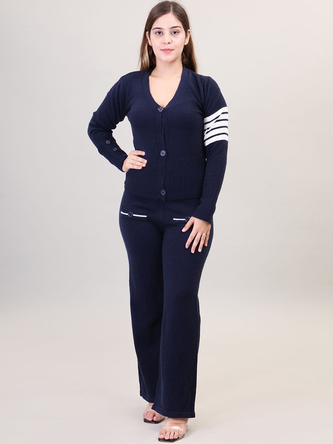 

Camey V-Neck Pure Wool Sweater & Trousers, Navy blue