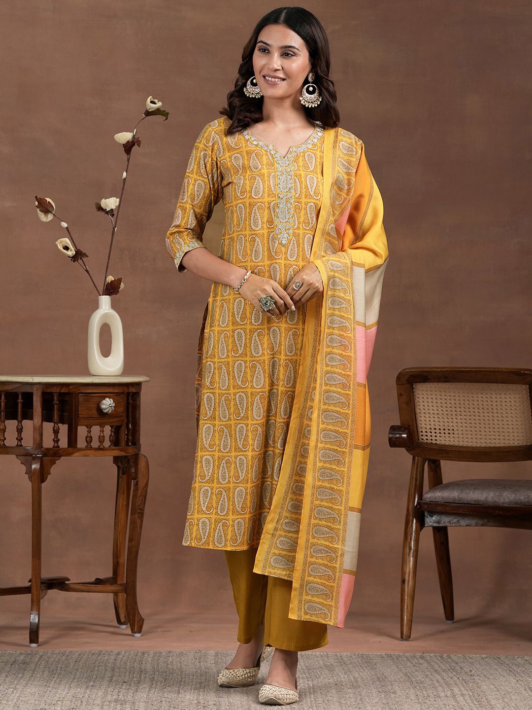 

Libas Paisley Printed Beads & Stones Notch Neck Straight Kurta with Palazzos & Dupatta, Mustard