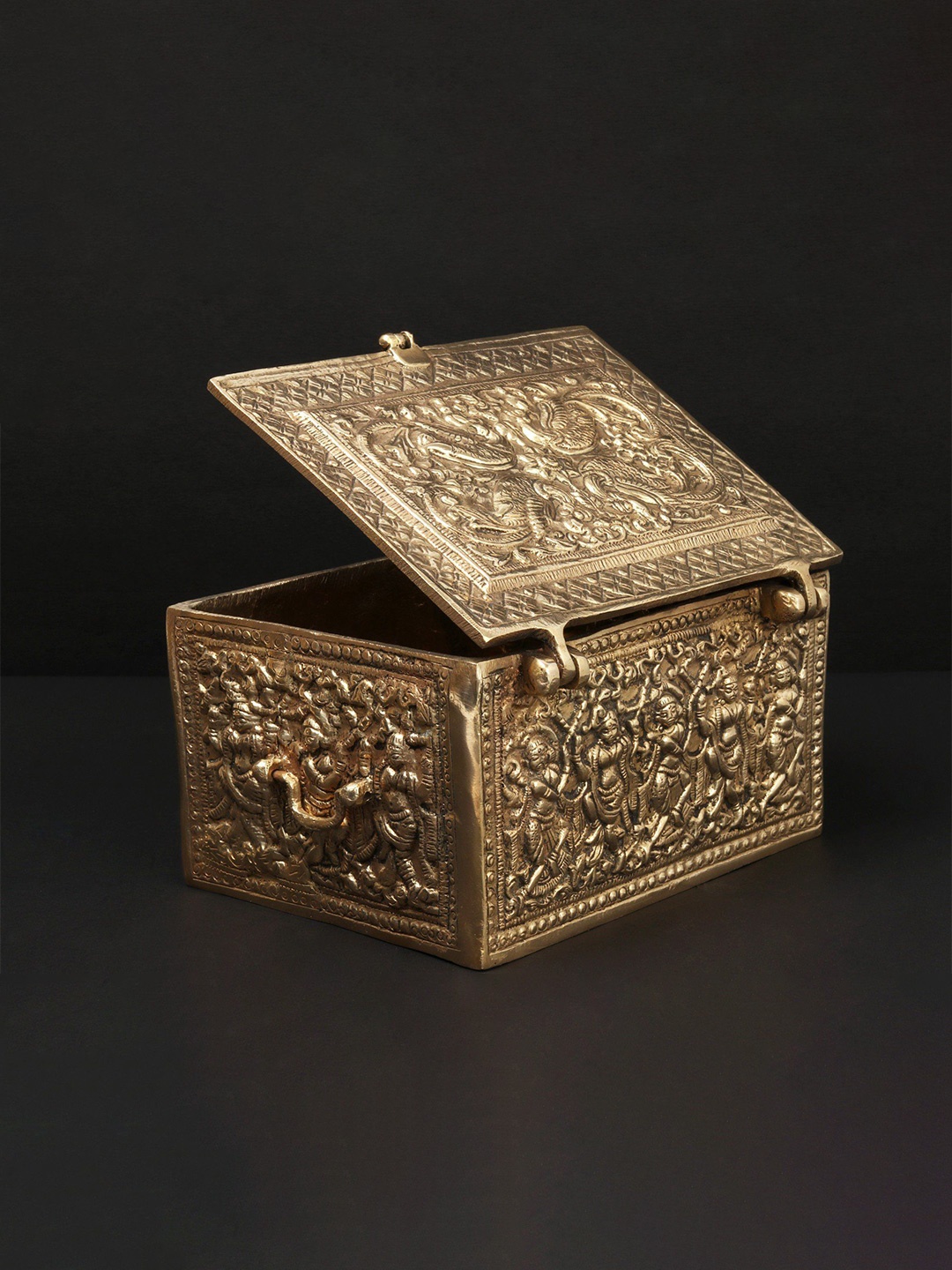

Exotic India 4" Finely Carved Brass Ritual Box, Gold