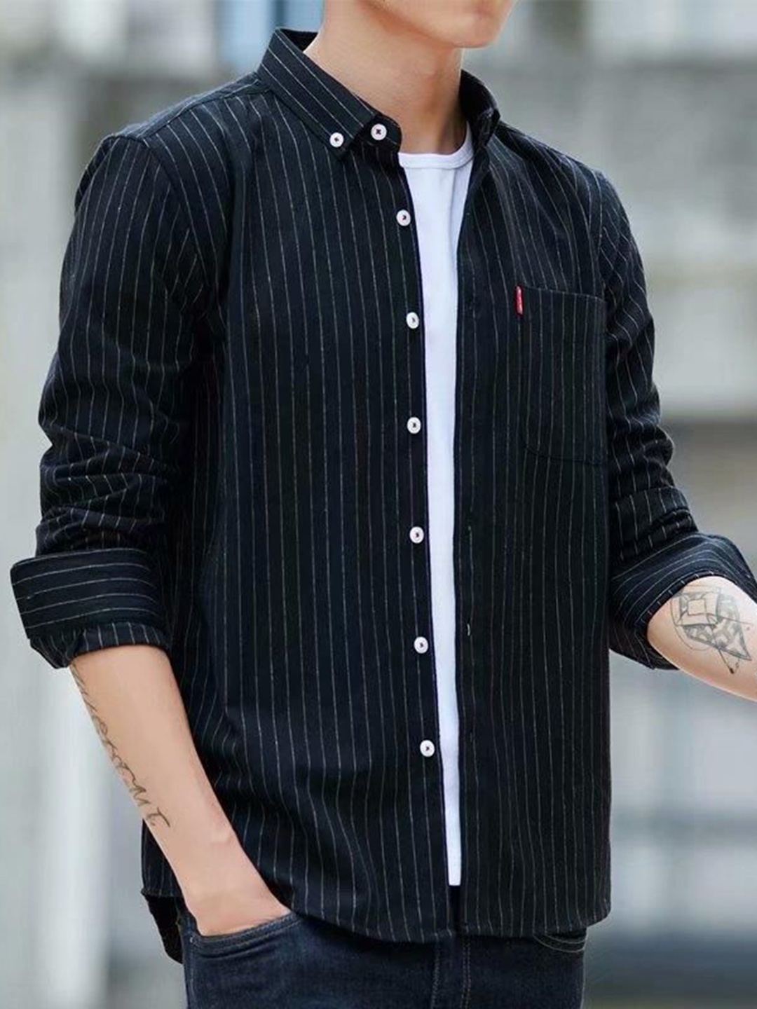 

StyleCast Men Opaque Striped Casual Shirt, Black