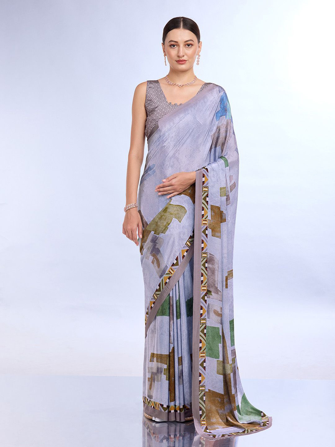 

Ishin Geometric printed Satin Saree, Lavender