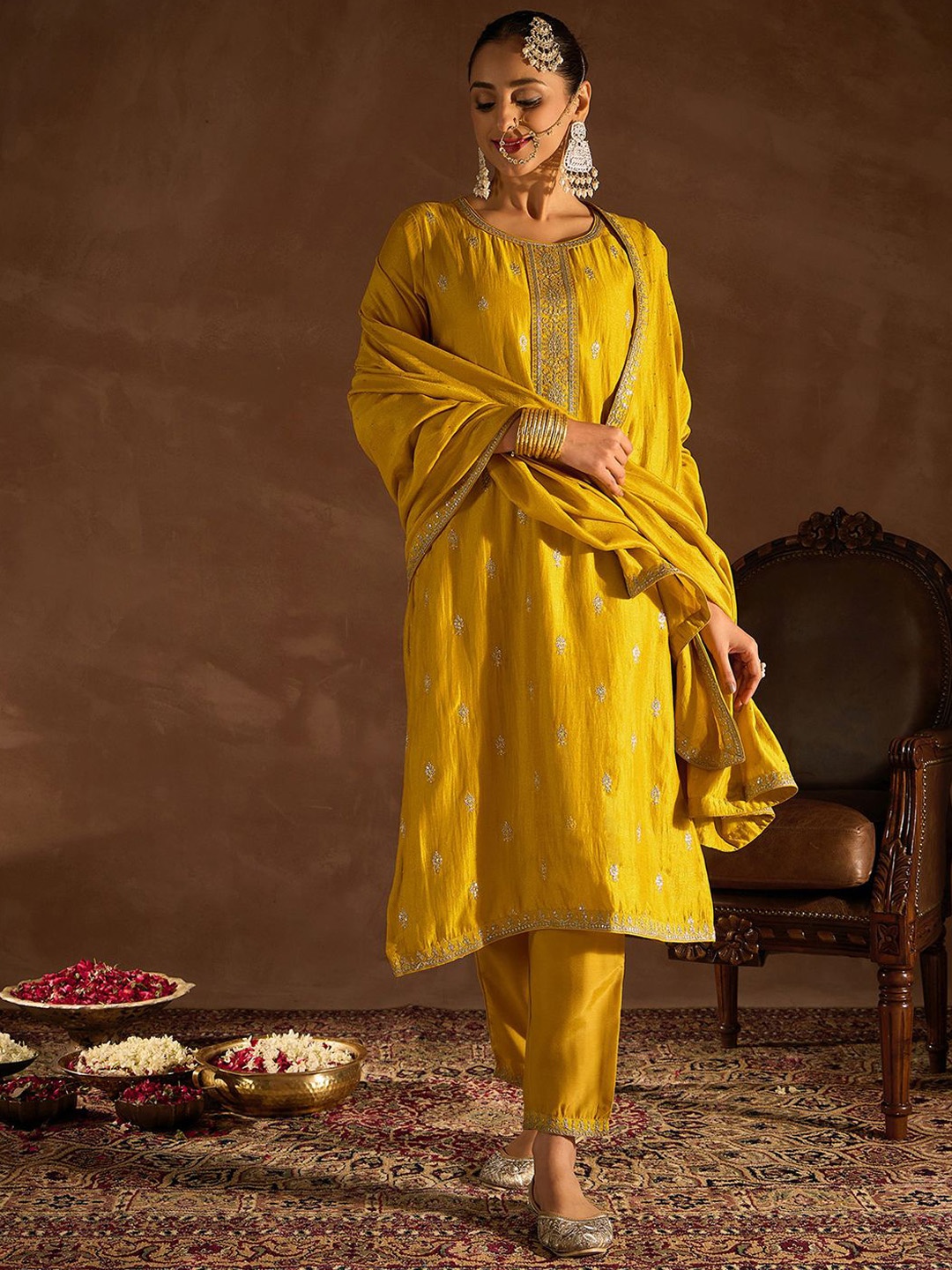 

Indo Era Ethnic Motifs Embroidered Sequinned Straight Kurta With Trousers & Dupatta, Yellow