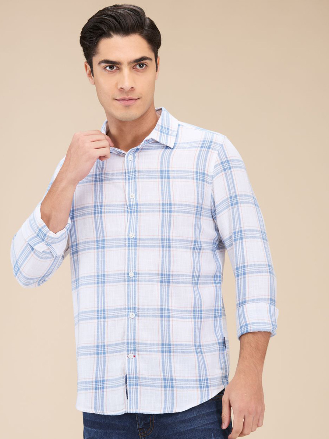 

Being Human Men Spread Collar Windowpane Checked Cotton Slim Fit Casual Shirt, White