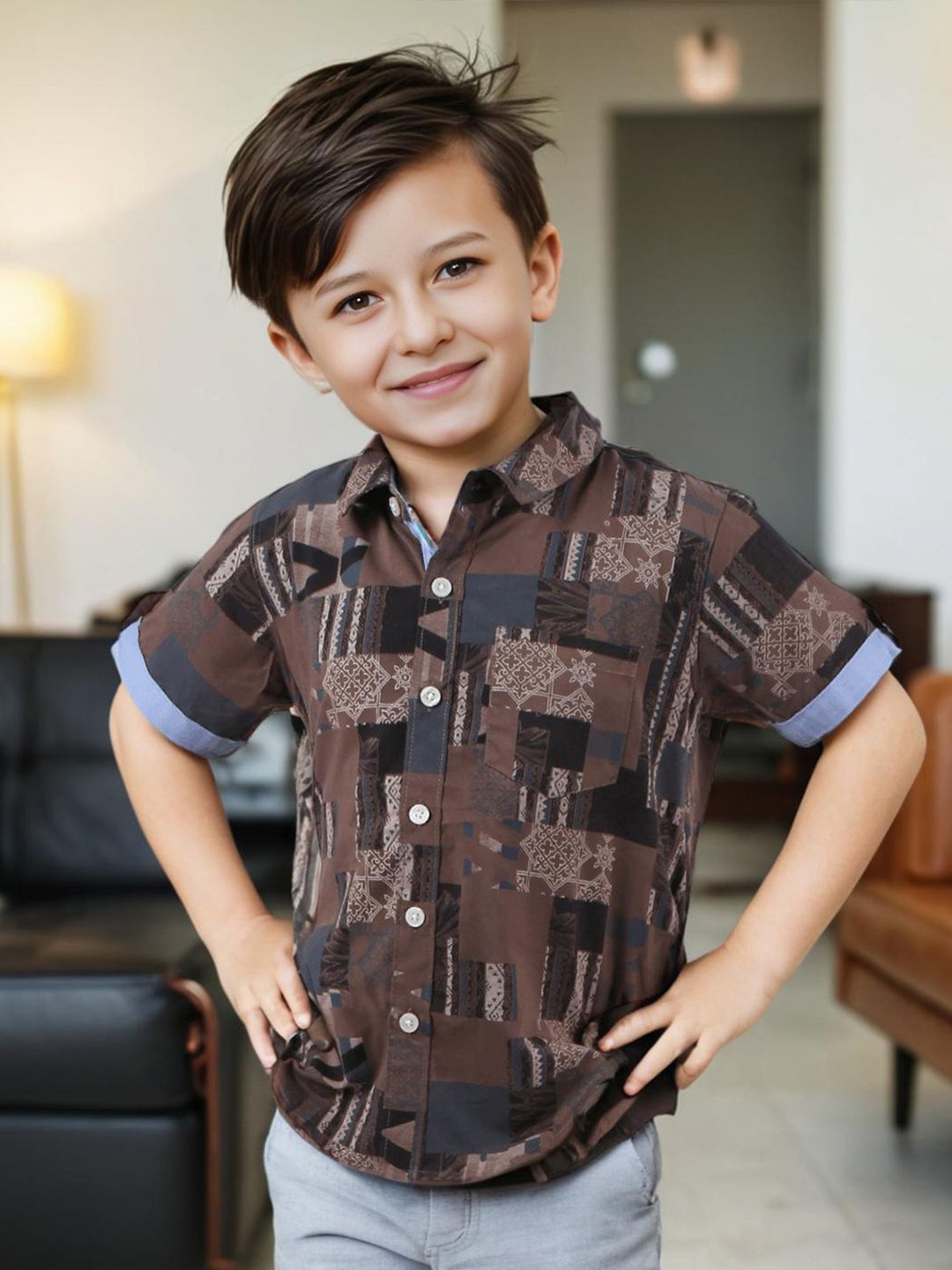 

INCLUD Boys Spread Collar Abstract Printed Casual Shirt, Brown