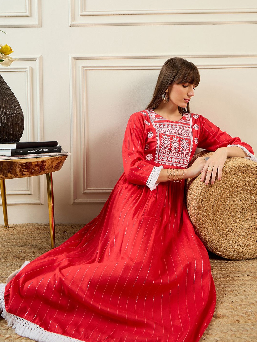 

Indo Era Embroidered A-Line Midi Dress, Red