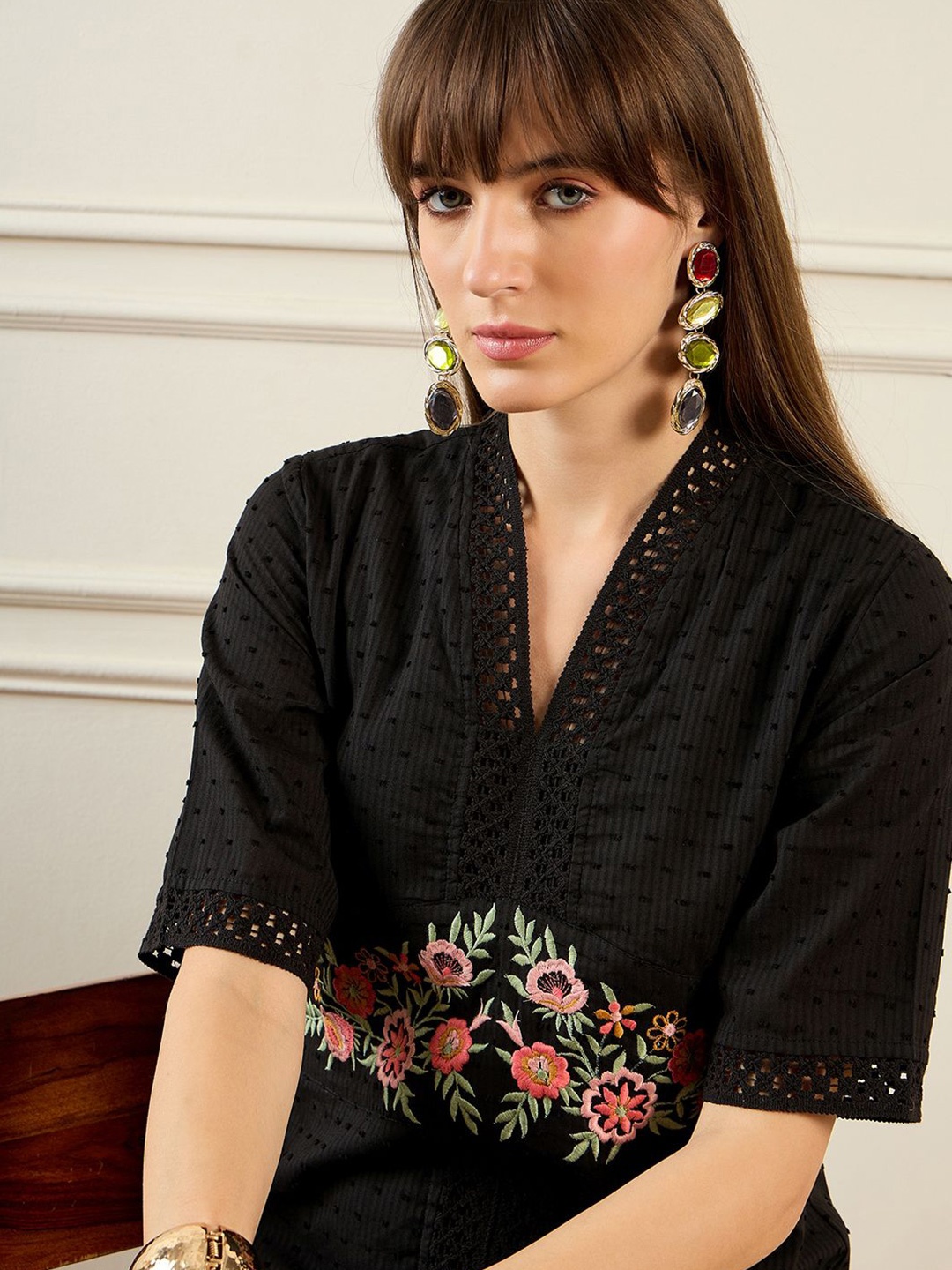 

Indo Era Embroidered Flared Sleeve A-Line Midi Dress, Black