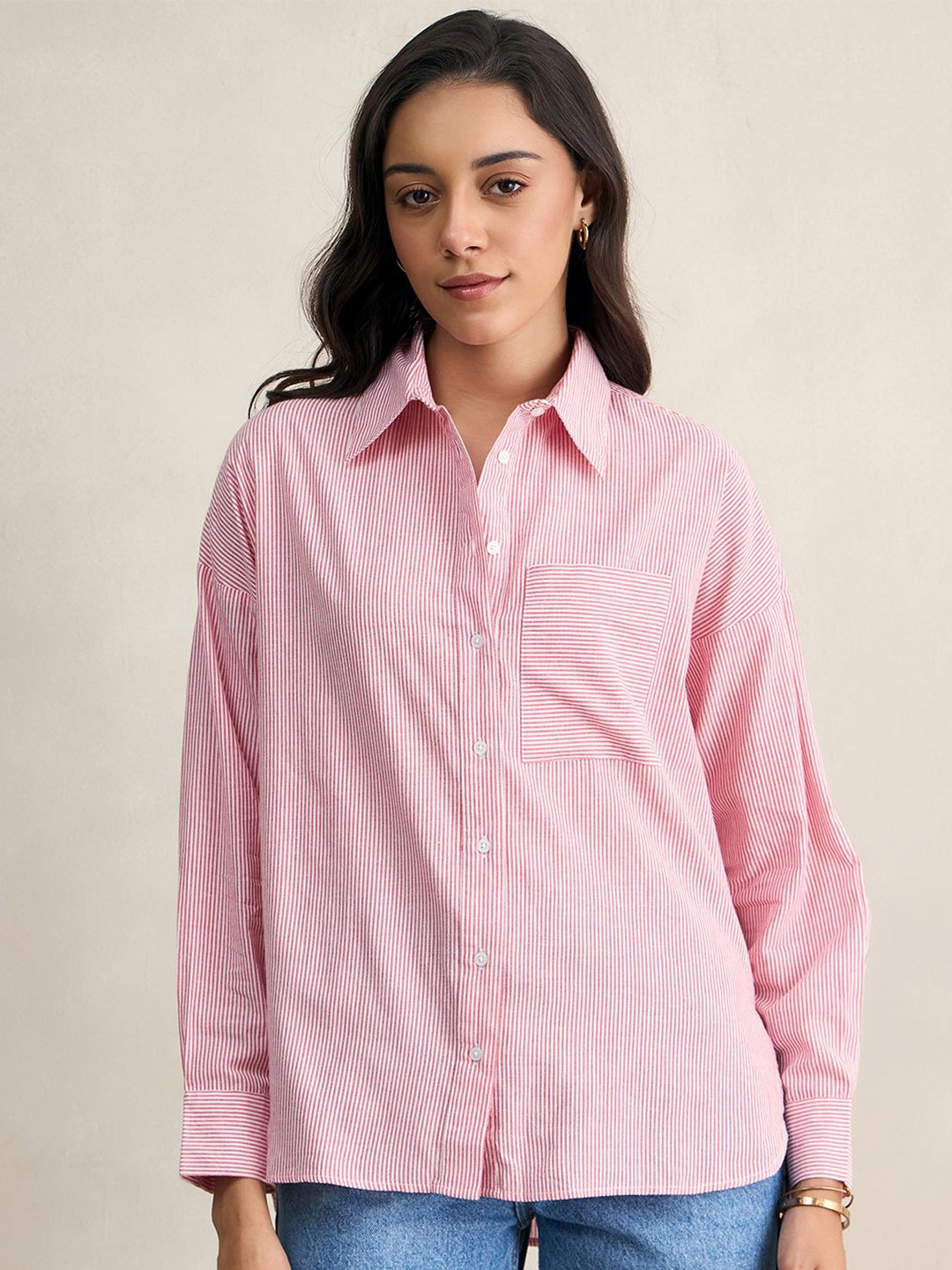 

FEMMELLA Women Comfort Spread Collar Striped Cotton Casual Shirt, Red