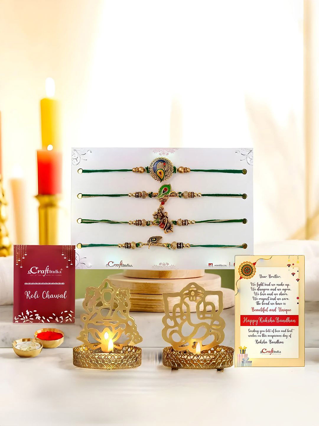

eCraftIndia Set Of 4 Rakhi Light Holder Greeting Card & Roli Chawal, Gold