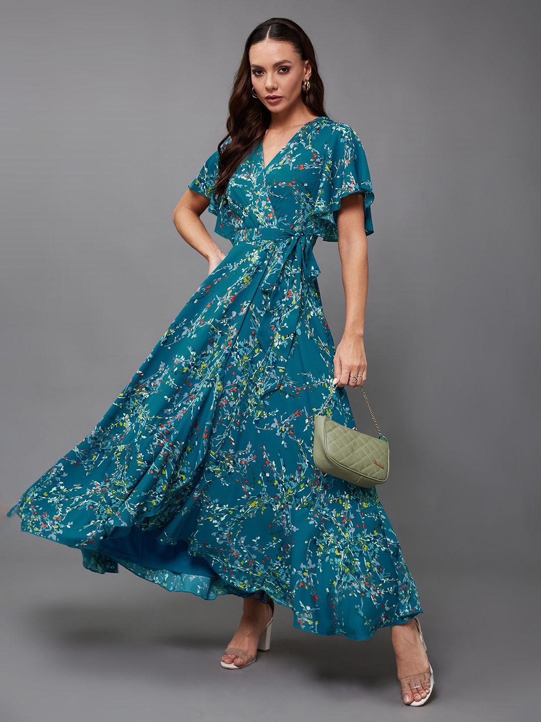 

Miss Chase Women V-Neck Half Sleeve Floral Wrap Crepe Maxi Dress, Turquoise blue