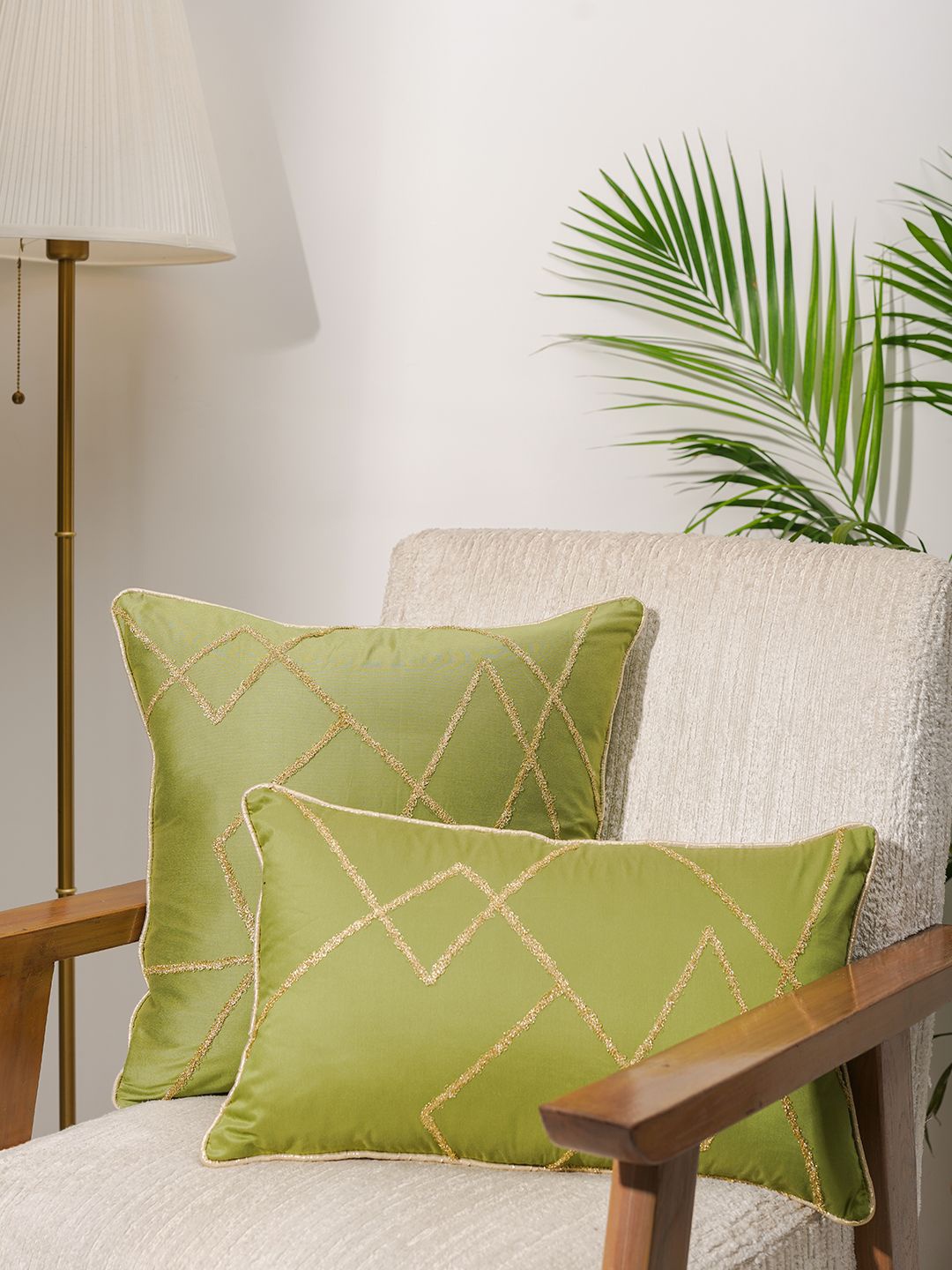 

India Circus by Krsnaa Mehta Olive Green & Gold-Toned Geometric Square Cushion Covers