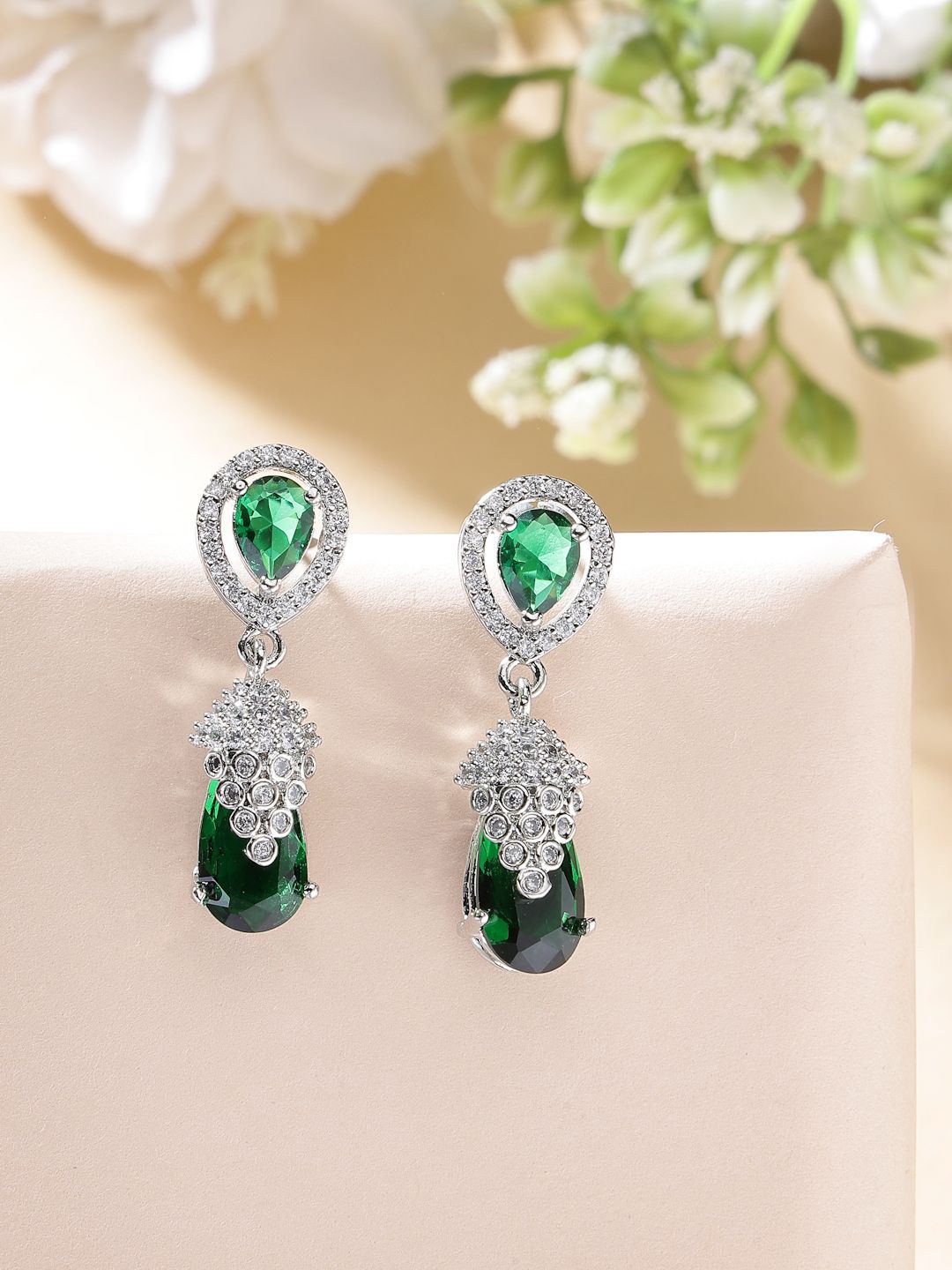 

ZENEME Rhodium-Plated American Diamond Studded Teardrop Shaped Drop Earrings, Green