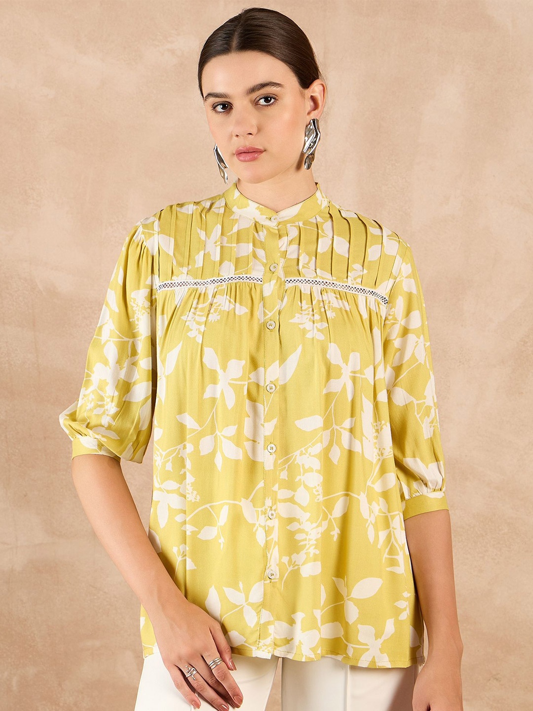 

all about you Women Floral Printed Mandarin Collar Top, Yellow