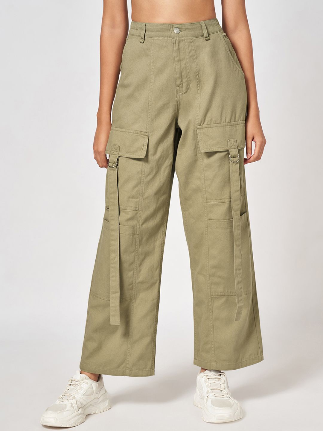 

People Cotton High-Rise Trousers, Olive