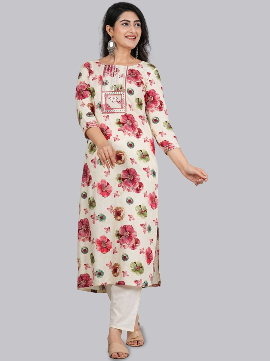 

Moktika Floral Printed Pure Cotton Straight Kurta with Trousers, Red