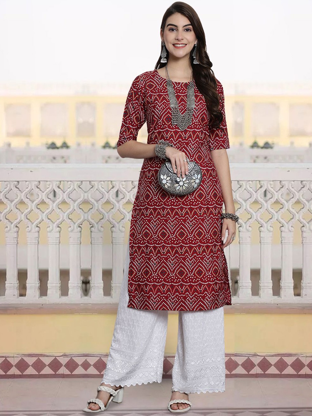 

7Threads Bandhani Printed Round Neck Straight Kurta, Red