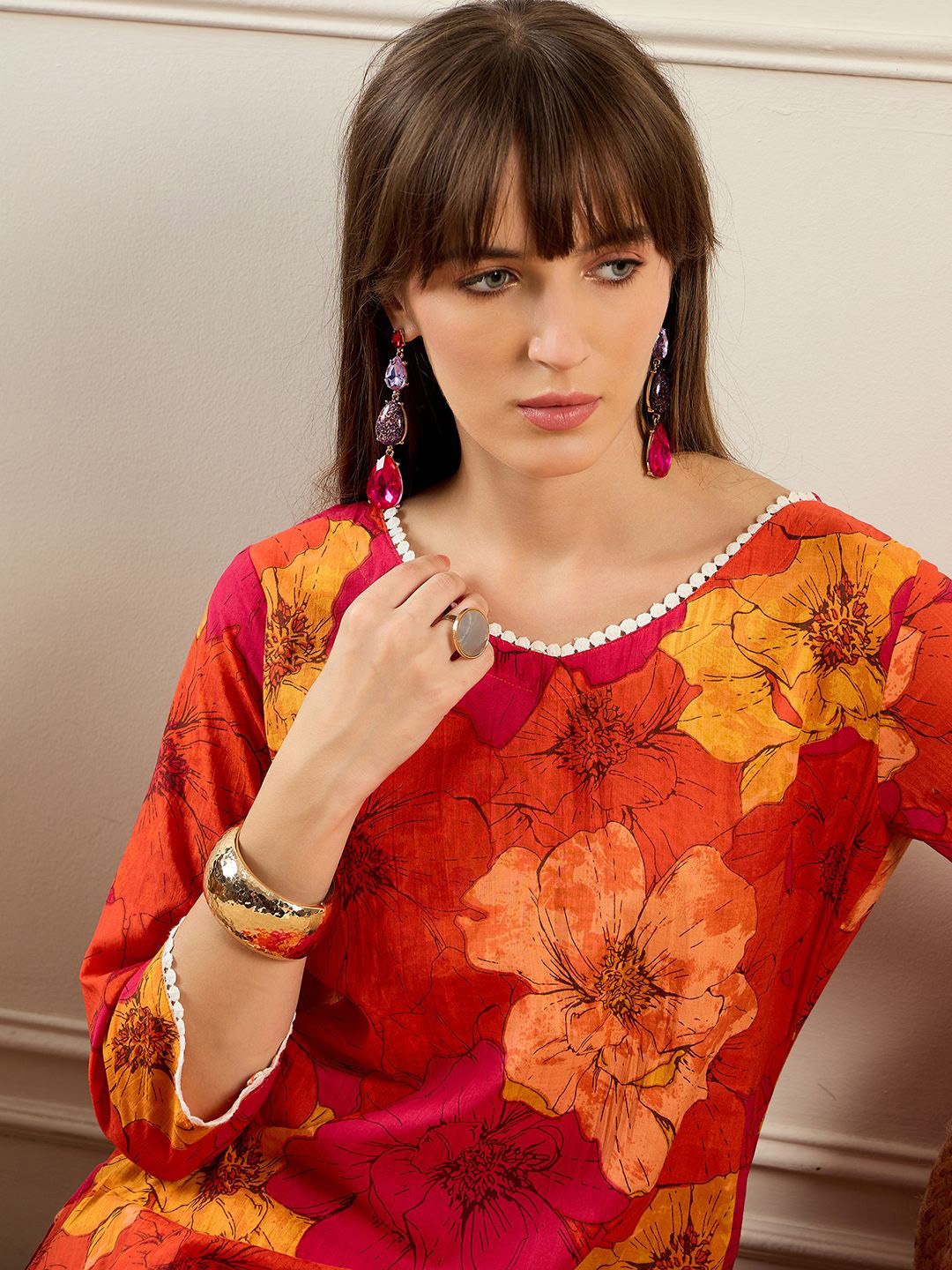 

Indo Era Floral Printed V-Neck Pure Cotton Straight Kurta With Trousers, Orange