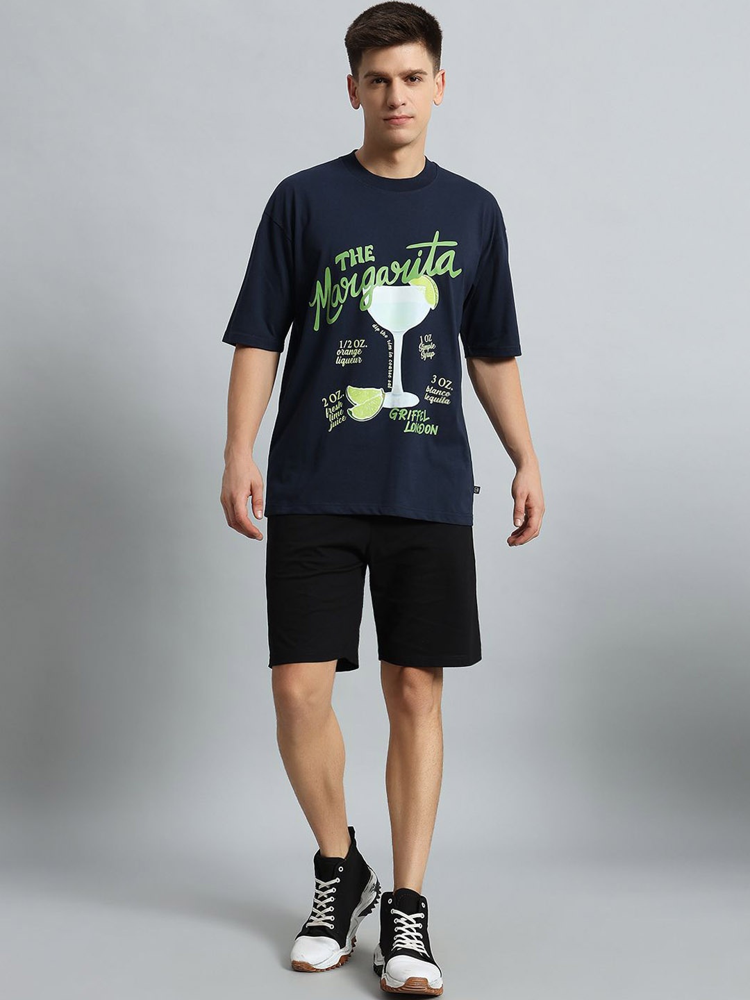 

GRIFFEL Printed Oversized Fit Pure Cotton T-Shirt With Shorts, Navy blue