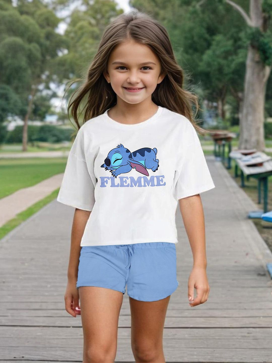 

INCLUD Girls Graphic Printed T-shirt With Short, Blue