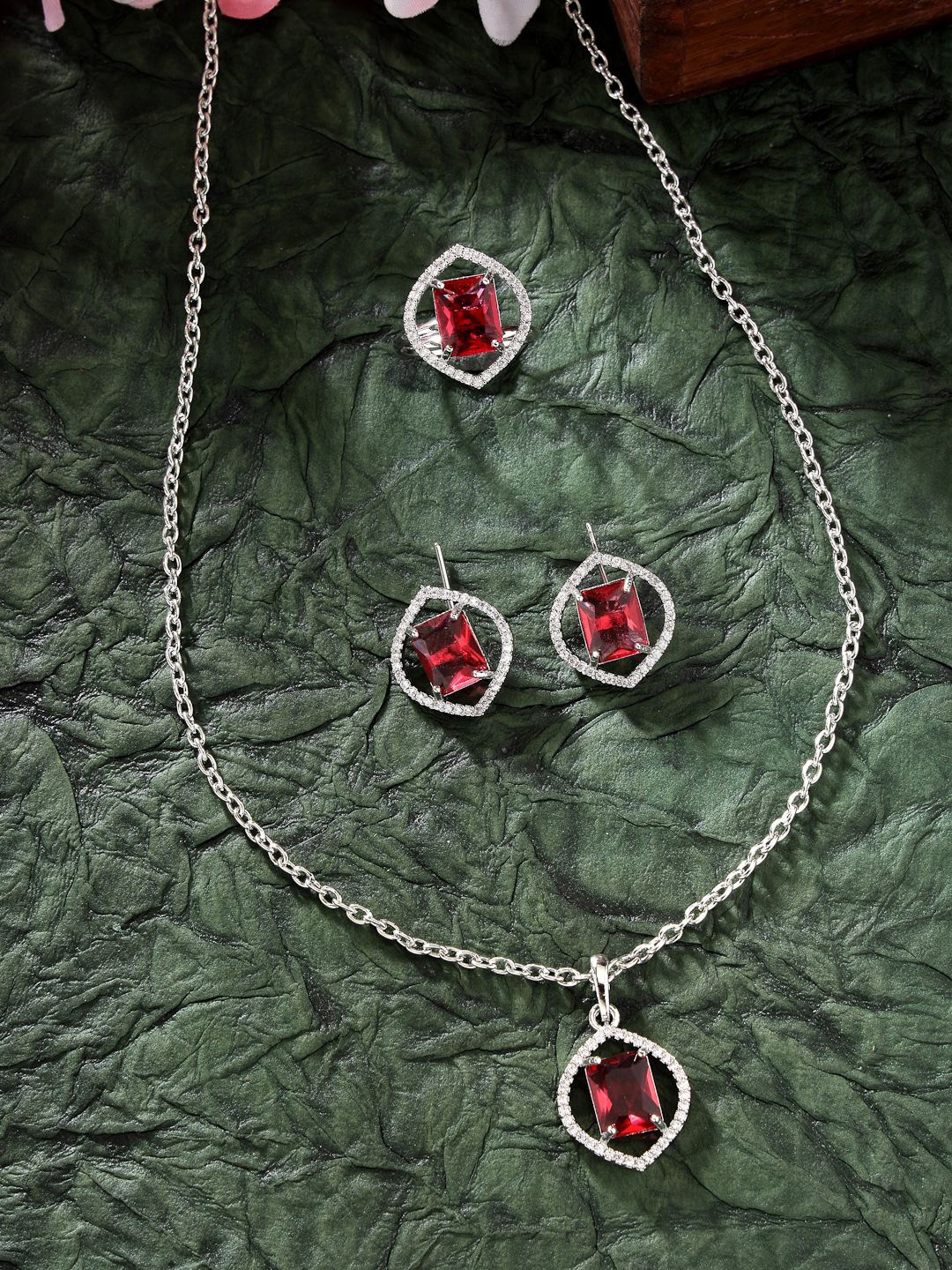 

ZENEME Silver Plated AD Studded Marquise Halo Necklace and Earrings With Ring